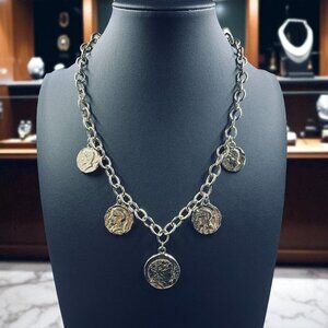 Vintage Style Gold Tone Chain Necklace With Multiple Roman Coin Charms Boho  18"
